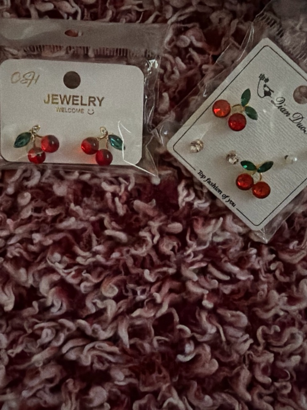 Cherry Stud Earring Set with Green Leaf Accents - Red & Green